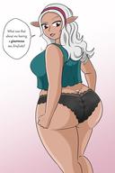 drawing white_hair panties large_breasts long_hair smiling shrunken_man trapped dark_skin hairband thick_thighs no_background pointed_ears between_buttcheeks chubbymija