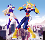 drawing blonde color large_breasts destruction buildings source_needed gender_bender angelgts my_hero_academia skintight_clothing mt._lady all_might