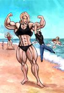 giantess blonde beach smiling short_hair mini_giantess looking_down outdoors flexing closed_eyes hanging_on grim1978
