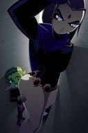 drawing color large_breasts butt purple_hair raven teen_titans mini_giantess beast_boy thighs cape belt leotard looking_at_tiny dc_comics bare_legs skintight_clothing ravenravenraven