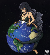 drawing giantess earth giga space black_hair large_breasts long_hair destruction planet barefoot bigbeerbear