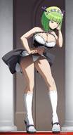 drawing panties upskirt large_breasts cleavage high_heels socks green_hair short_hair looking_down maid_uniform tinies lifting_skirt brandish ravenravenraven looking_at_tinies