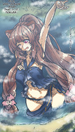 drawing giantess giga black_hair large_breasts long_hair butt destruction socks kneeling heart looking_down dialogue embernaga