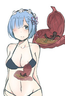 bikini drawing vore blue_hair smiling short_hair internal_view no_background cutaway