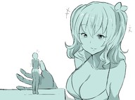 drawing giantess monochrome large_breasts cleavage smiling short_hair no_background
