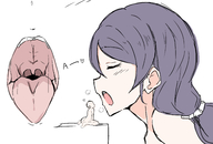 drawing giantess long_hair purple_hair mawshot shrunken_man open_mouth closed_eyes imminent_vore no_background nozomi