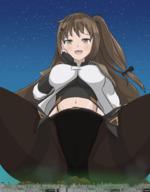 drawing giantess blushing giga city color long_hair destruction clothed brunette smiling gloves nylons looking_down outdoors legs_spread bare_midriff rollingbread k2 girls_frontline
