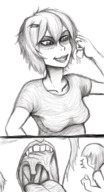 drawing vore monochrome handheld smiling short_hair mawshot open_mouth no_background hair_clip leswaet