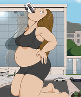 drawing giantess vore large_breasts long_hair brunette kneeling belly bus open_mouth outdoors vehicle_vore throat_bulge leswaet