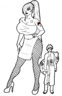 drawing monochrome long_hair high_heels huge_breasts ponytail mini_giantess fishnets hand_on_hips no_background bare_midriff coockie8 gaara_(naruto)