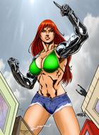 drawing giantess city large_breasts long_hair buildings low_angle red_hair outdoors bikini_top giantess-cassie robot_arms