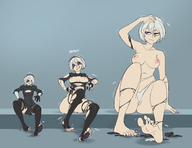 drawing growth white_hair panties cleavage sequence short_hair ripped_clothing hairband no_background 2b homer-rier