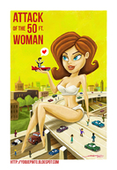 breasts drawing giantess city mega color blue_eyes barefoot cleavage bra traffic brunette short_hair sitting heart parody highway vehicles outdoors top crowds attack_of_the_50_foot_woman looking_at_tiny makeshift_clothing yoquepinto