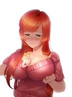 blushing long_hair huge_breasts smiling red_hair shrunken_man looking_down rings no_background cupping_breasts between_breasts