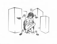 drawing nude blushing city black_hair large_breasts long_hair destruction buildings helicopter heart outdoors no_background yuptonsinclair covering_up