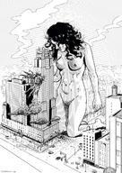 drawing giantess nude city monochrome black_hair long_hair destruction rampage buildings kneeling looking_down outdoors theborrowergts