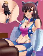 drawing color large_breasts long_hair cleavage brunette smiling sitting shrunken_man commission hairband d.va cutaway between_breasts lyotanc nightingale122 leon_takayashi
