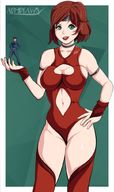 drawing large_breasts handheld cleavage brunette smiling short_hair headband on_hand bare_midriff admdraws