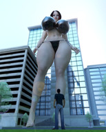 bikini giantess city black_hair huge_breasts short_hair looking_down outdoors thick_thighs digital_render onepunchmant