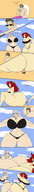 bikini drawing giantess white_hair long_hair swimsuit beach butt_crush huge_breasts red_hair sitting giantesses pinned braid big_butt thick_thighs owlizard pointed_ears between_breasts