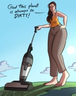 breasts drawing giantess earth giga color large_breasts long_hair toes barefoot brunette looking_down pants vacuum hands_on_hips thick_thighs spider-man marvel_comics may_parker picjusbro aunt_may