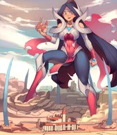drawing black_hair large_breasts long_hair destruction clothed handheld buildings castle smiling boots looking_down outdoors headband skintight_clothing gareit0
