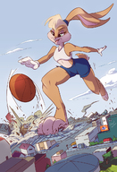 drawing giantess furry city color destruction clothed rampage basketball shorts open_mouth clouds outdoors sky lola_bunny angelgts