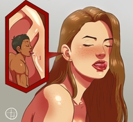 drawing long_hair licking brunette ears shrunken_man dark_skin freckles licking_lips no_background cutaway pedroruizart