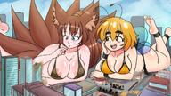 drawing giantess wings city blonde long_hair destruction toes barefoot soles huge_breasts brunette lying_down short_hair giantesses outdoors fox_girl big_butt crowds heterochromia dakunart