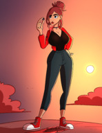 drawing giantess giga city long_hair blue_eyes clothed huge_breasts shoes ponytail sun carmen_sandiego pants between_fingers pinched caiman2