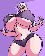 drawing white_hair long_hair huge_breasts low_angle underboob looking_down thick_thighs no_background sweat_drop fandangomango