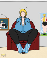 drawing sleeping blonde huge_breasts socks short_hair mini_giantess sitting unaware indoors smothering sofa thick_thighs peelheel