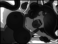 breasts drawing nipples tail monochrome large_breasts tongue licking saliva low_angle glass shrunken_man cat_girl june mspaintgts