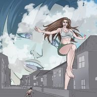 giantess long_hair cleavage blue_hair brunette multiple_sizes giantesses houses outdoors top raised_foot running_away thick_thighs