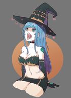 drawing vore large_breasts long_hair tongue blue_hair sitting open_mouth no_background witch_hat bare_midriff dubious-lamb