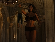 giantess black_hair large_breasts handheld smiling short_hair indoors outdoors digital_render vardyger