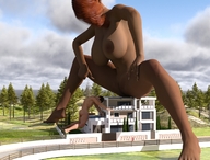 giantess nude long_hair giant male penis huge_breasts multiple_sizes red_hair looking_down outdoors crouching digital_render vardyger