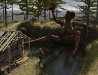 giantess nude huge_breasts red_hair short_hair sitting outdoors legs_spread digital_render vardyger