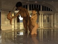 nude huge_breasts mini_giantess pool giantesses dark_skin indoors digital_render vardyger
