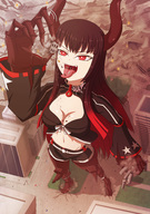 drawing giantess horns city black_hair color large_breasts long_hair tongue destruction clothed cleavage gloves open_mouth thedaibijin black_gold_saw