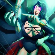 drawing giantess black_hair color long_hair huge_breasts smiling bondage long_nails red_nails pointing spider_girl glowing_eyes extra_arms resizestuff extra_eyes webs