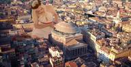 drawing giantess collage blonde long_hair destruction unknown_artist looking_down outdoors