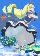 drawing giantess panties city upskirt blonde color butt destruction handheld purple_eyes clouds floating_islands looking_back embernaga