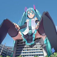 drawing giantess hatsune_miku long_hair destruction buildings blue_hair vocaloid sitting twintails thigh_highs shapoco