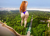 bikini giantess collage long_hair butt bridge traffic red_hair looking_down forest outdoors trees bracelet