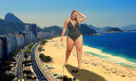 giantess collage city blonde long_hair beach cleavage smiling walking looking_down outdoors thick_thighs