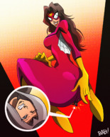 drawing color long_hair butt butt_crush brunette smiling looking_down pinned costume no_background spider-woman marvel_comics skintight_clothing bearsafterbunnies