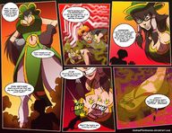drawing giantess comic black_hair large_breasts long_hair cleavage glasses shrinking smiling odor dialogue panels bearsafterbunnies