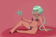 bikini drawing large_breasts long_hair smiling green_hair sitting dark_skin floating green_nails toko-commissions