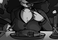 drawing monochrome dinner cleavage shrunken_man eating cruel cat_girl night june candle mspaintgts melting candlelight thefleta steak